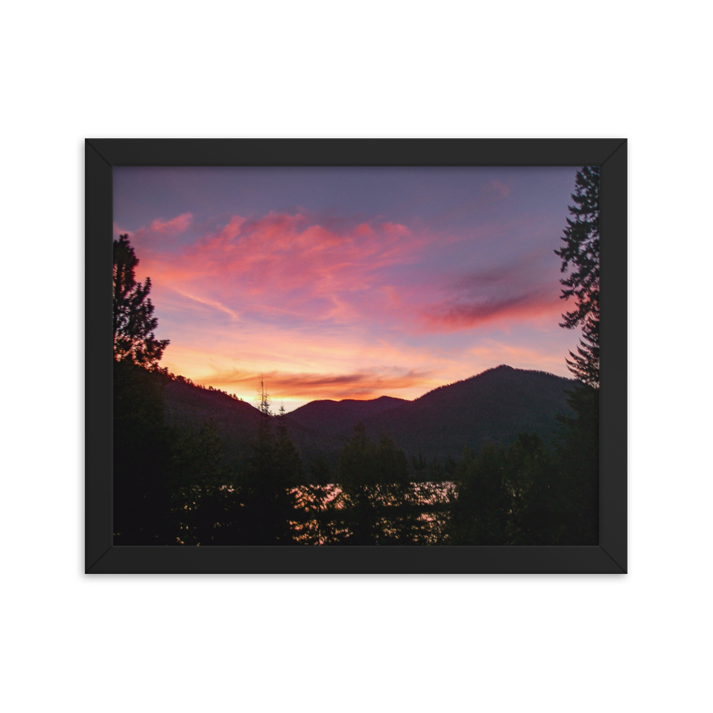 Nature Landscape Photographic Art Poster - Pink Orange Mountain Lake - with Frame