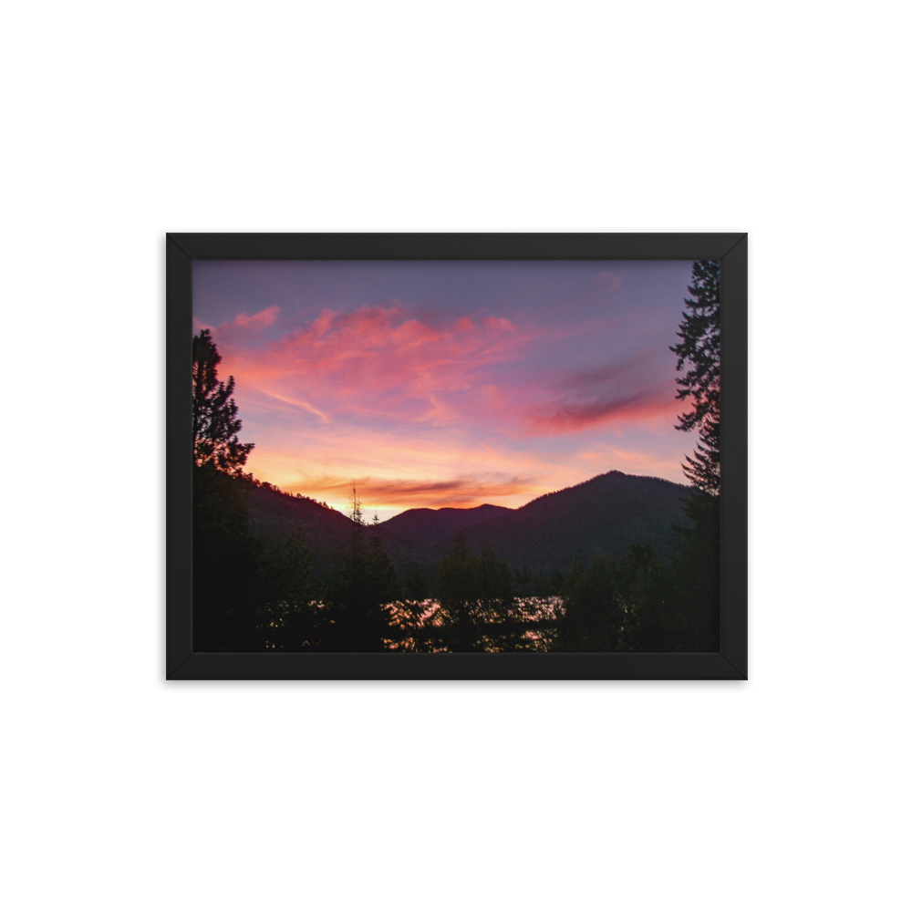 Nature Landscape Photographic Art Poster - Pink Orange Mountain Lake - with Frame