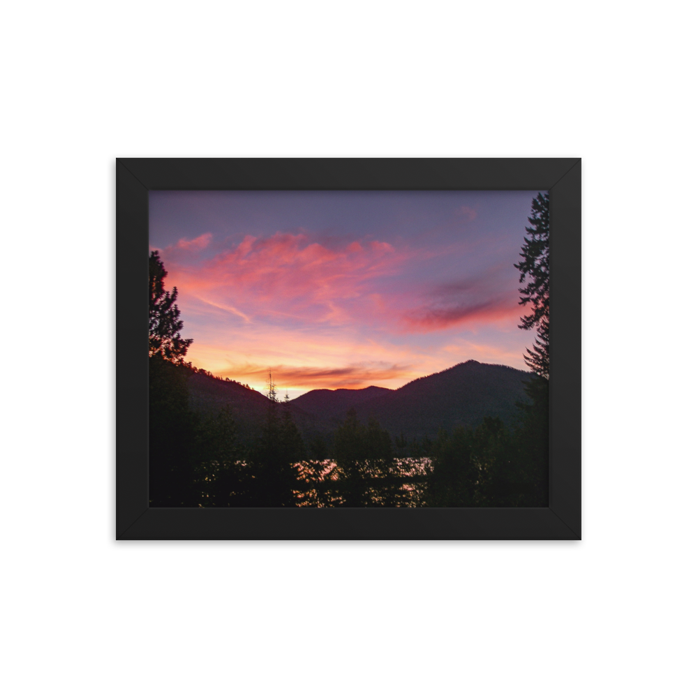 Nature Landscape Photographic Art Poster - Pink Orange Mountain Lake - with Frame