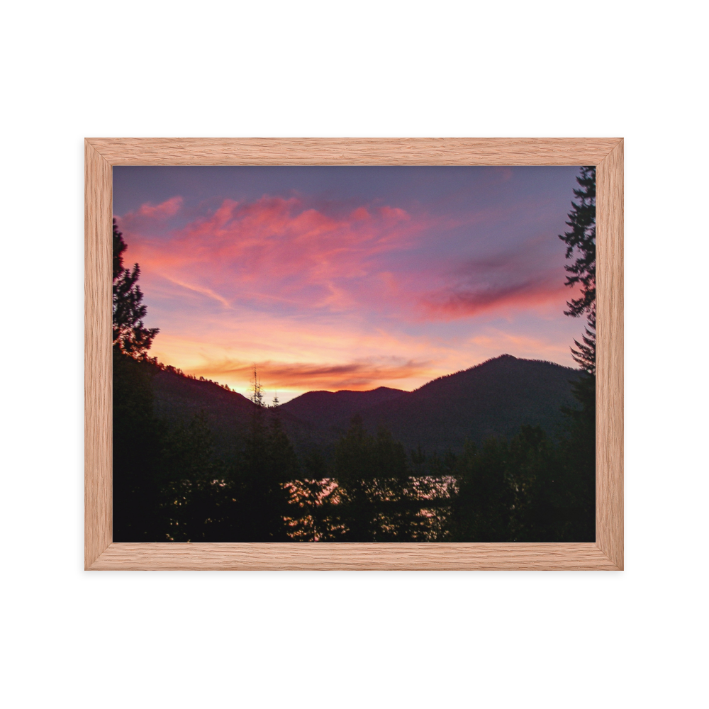 Nature Landscape Photographic Art Poster - Pink Orange Mountain Lake - with Frame