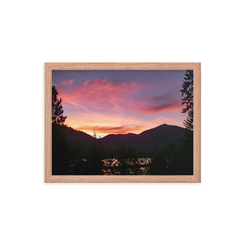 Nature Landscape Photographic Art Poster - Pink Orange Mountain Lake - with Frame