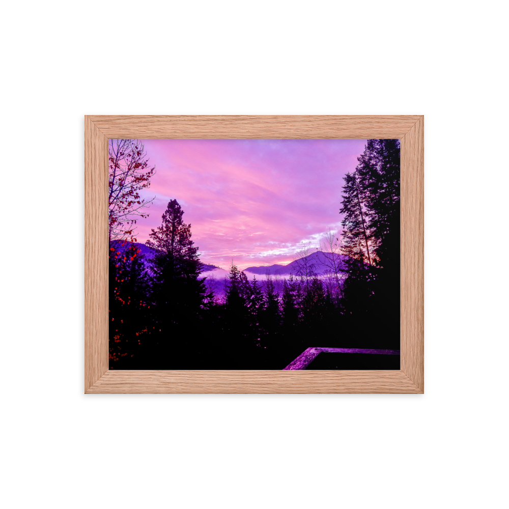 Nature Landscape Photographic Art Poster - Pink Sky Purple Sky Mountain - with Frame