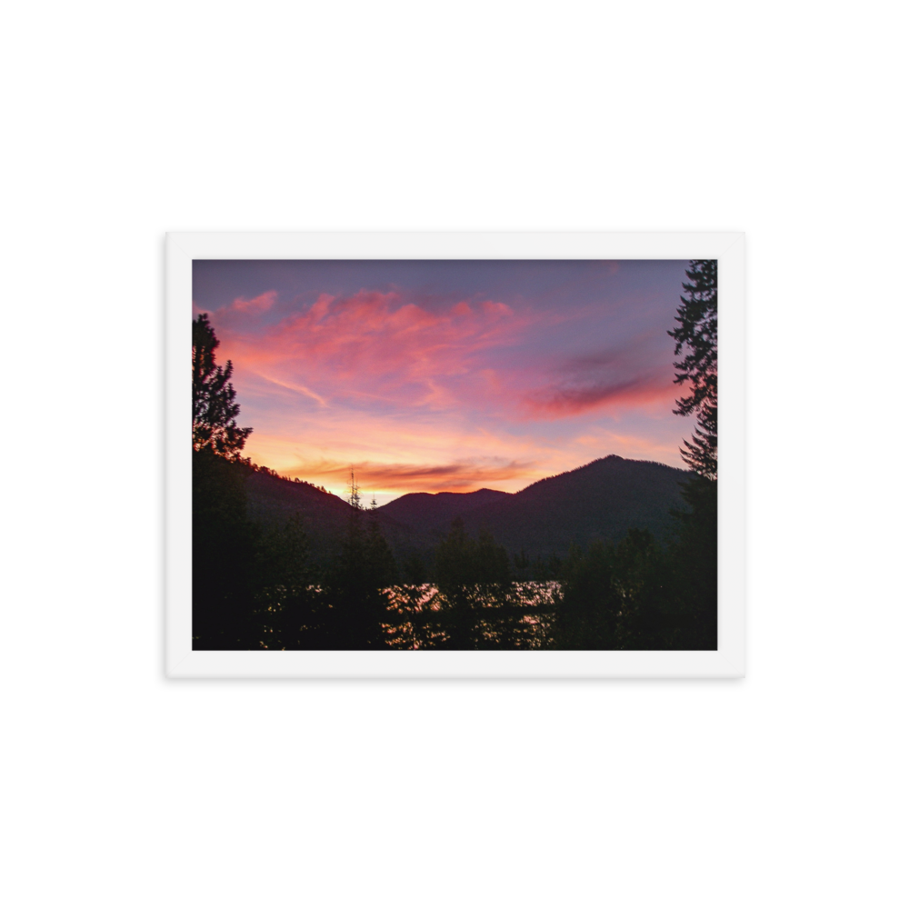 Nature Landscape Photographic Art Poster - Pink Orange Mountain Lake - with Frame