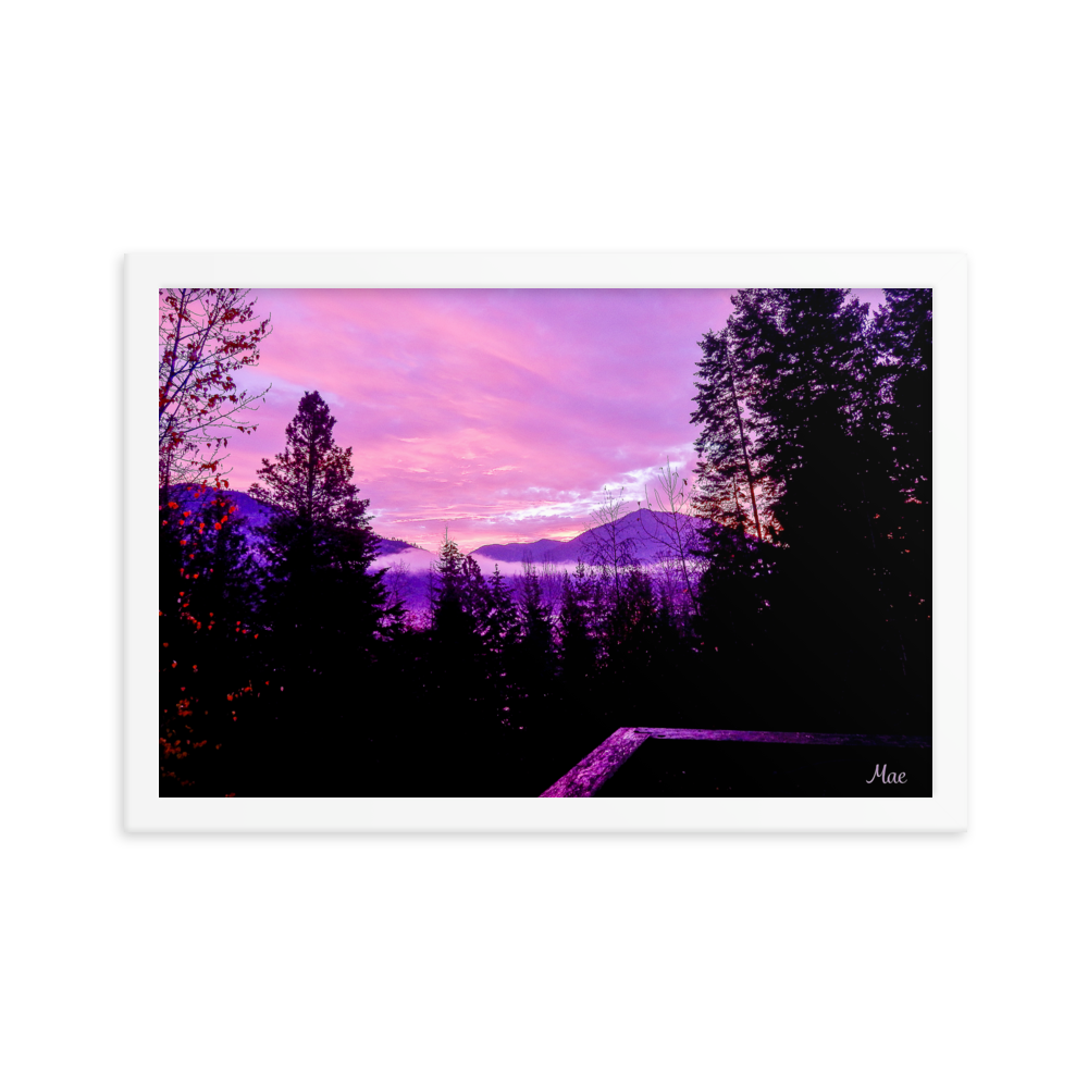 Nature Landscape Photographic Art Poster - Pink Sky Purple Sky Mountain - with Frame