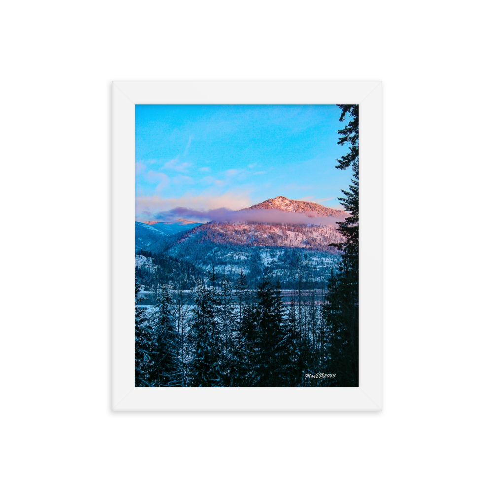 Nature Photographic Art Poster - Turquoise Sky over Pink Mountain Top - Poster with Frame