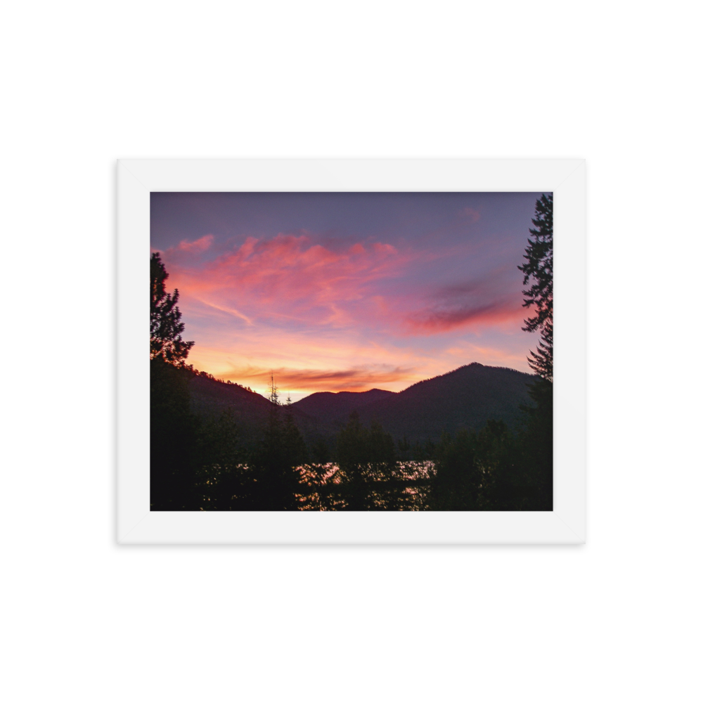 Nature Landscape Photographic Art Poster - Pink Orange Mountain Lake - with Frame