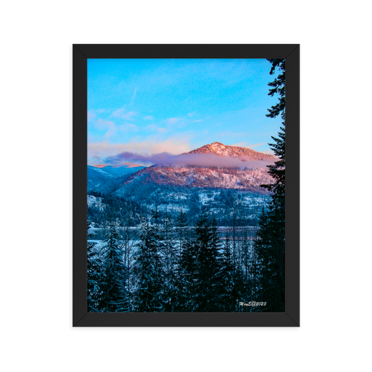 Nature Photographic Art Poster - Turquoise Sky over Pink Mountain Top - Poster with Frame