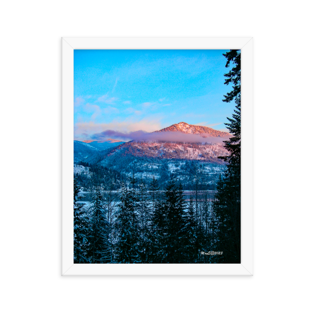 Nature Photographic Art Poster - Turquoise Sky over Pink Mountain Top - Poster with Frame